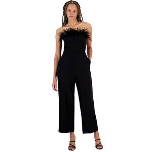 NWT Sam Edelman Womens Strapless Bandeau Neck Feather Trim Jumpsuit Black 8